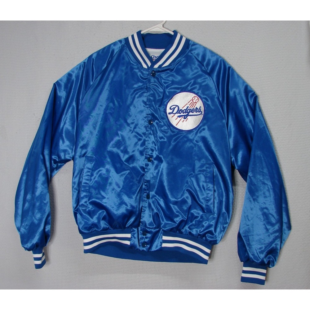 Vtg Chalk Line Los Angeles Dodgers MLB Blue Satin Snap Front Bomber Jacket Sz XL